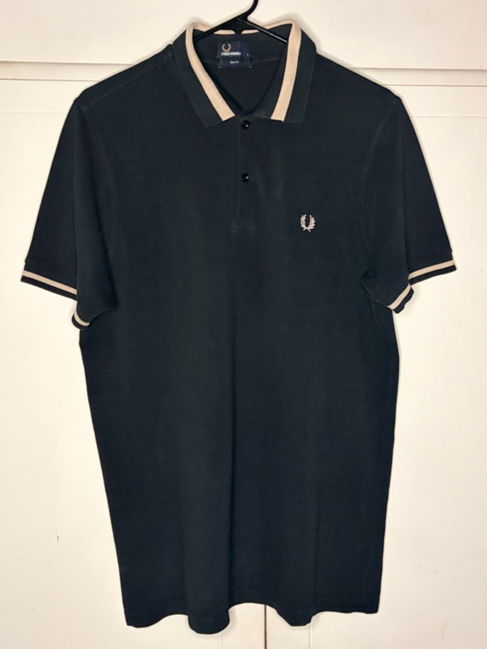 Fred Perry Black Polo with Cream Trim Collar Slim Fit